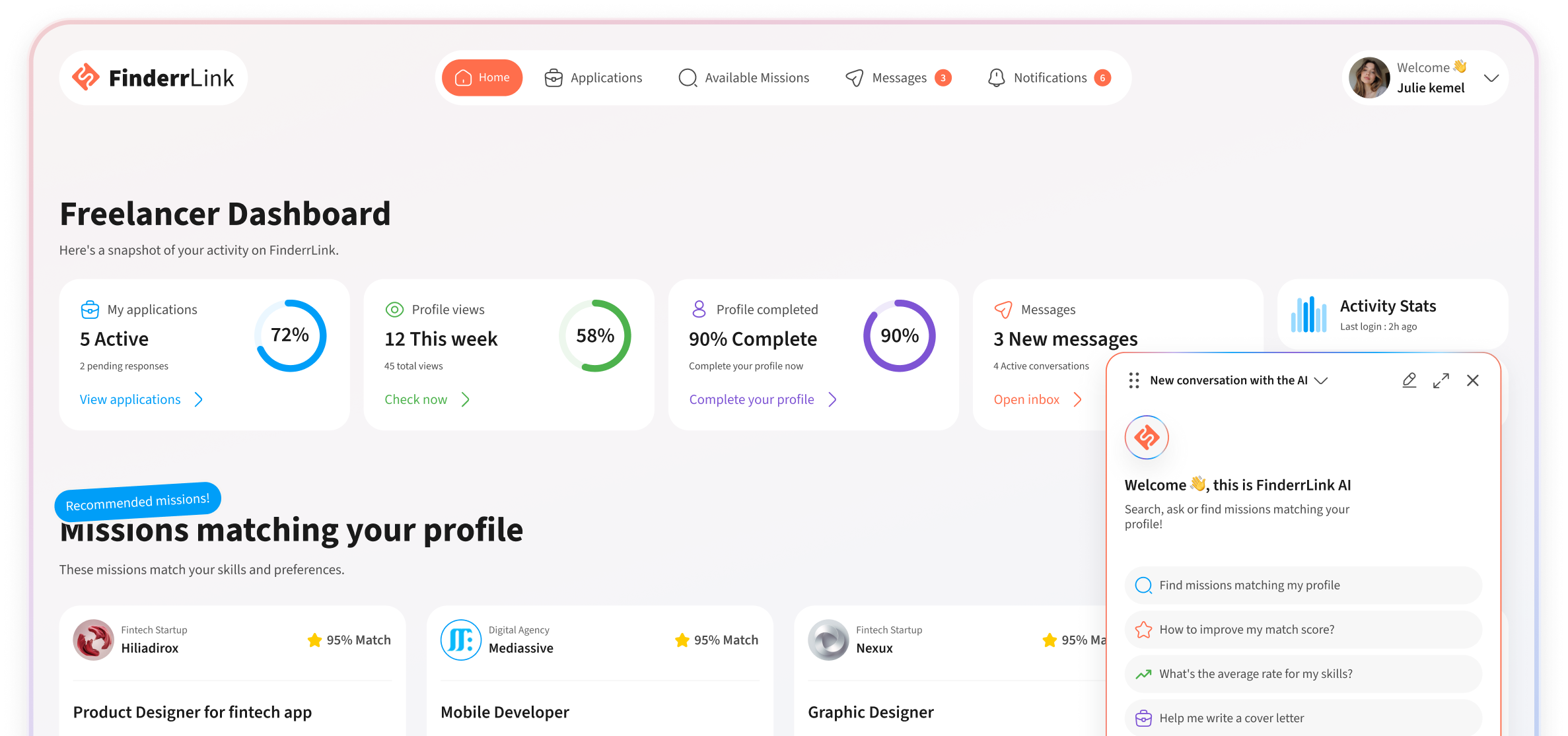 FinderrLink freelancer dashboard with missions and profile overview